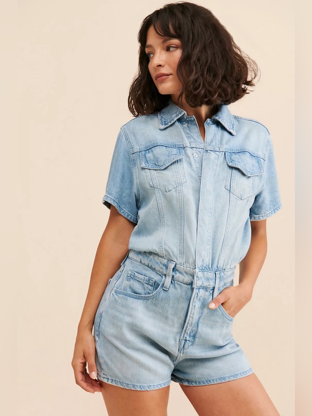 Anthropologie Good American Weightless Denim Romper Size 7 (4/5x) EUC Cotton